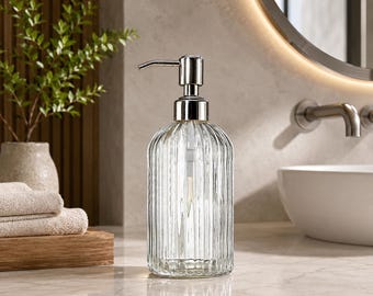 Clear Ribbed Glass Soap Dispenser | Vintage Fluted Bathroom Pump Bottle | Silver Liquid Dispenser for Kitchen | Refillable Dish Soap Pump