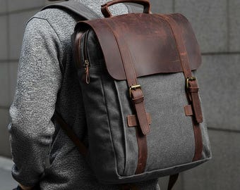 Waxed Canvas Backpack | Leather Laptop Bag | Mens Waterproof Travel Rucksack | Distressed Leather Work Bag | Vintage Minimalist Daypack