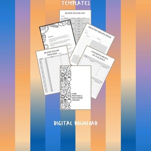 May include: A collection of 23 pages of tips and templates for health tracking, including a blood sugar log, blood sugar tracker, healthy recipe ideas, favorite meals at a glance, and a carb portions and monitoring tracker. Digital download.
