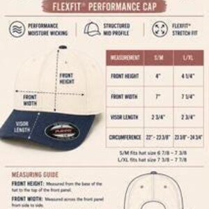 Op de afbeelding: Een Flexfit Performance Cap met een gestructureerd middenprofiel. De hoed is wit met een marineblauw vizier. De maattabel toont afmetingen in inches, inclusief voorhoogte, voorbreedte, vizierlengte en omtrek.