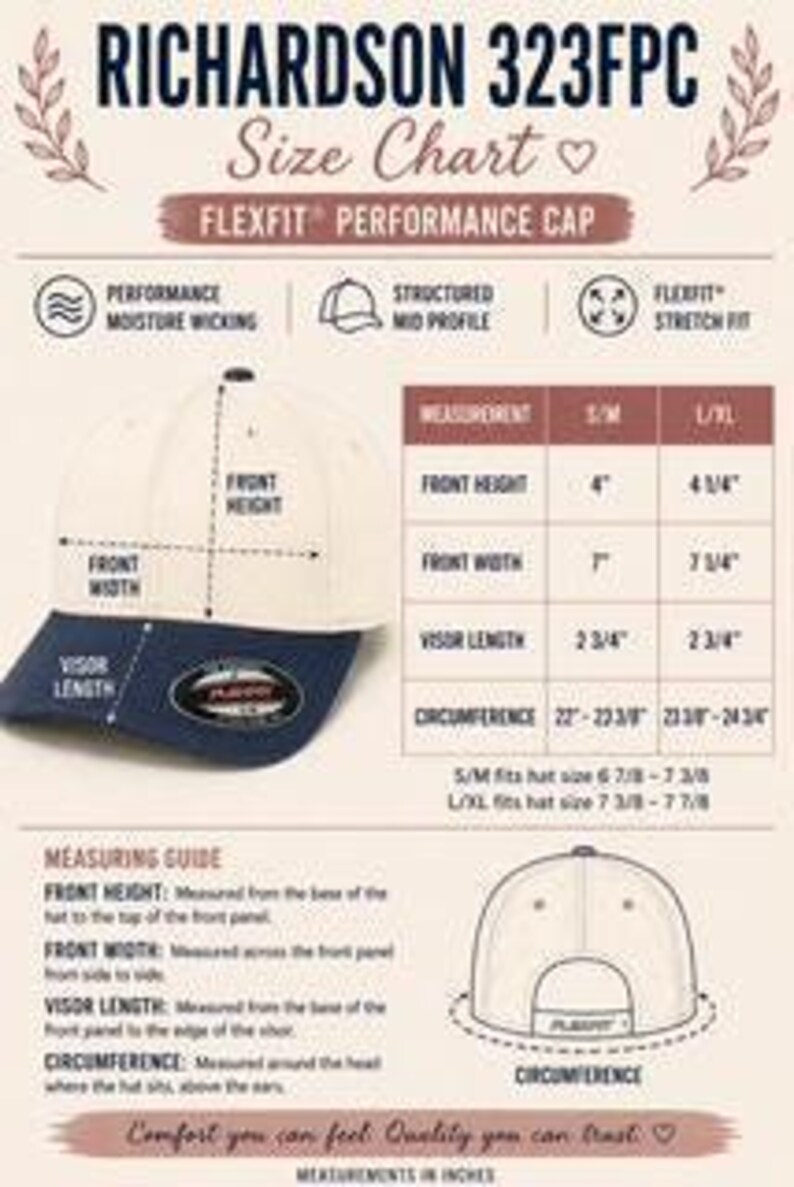 Op de afbeelding: Een Flexfit Performance Cap met een gestructureerd middenprofiel. De hoed is wit met een marineblauw vizier. De maattabel toont afmetingen in inches, inclusief voorhoogte, voorbreedte, vizierlengte en omtrek.