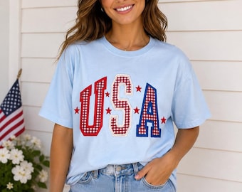 Embroidered USA red gigham top - America - 4th of July - Memorial Day - Red White & Blue - BBQ - Backyard party - Veterans Day -