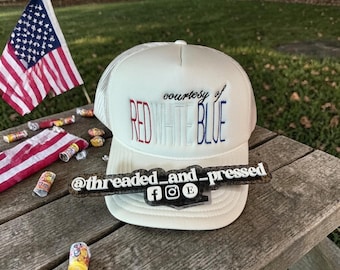 Courtesy of Red White & Blue cap - tall - embroidered hat - simple- 4th of July- USA - American - feminine - Memorial Day - Veterans - BBQ