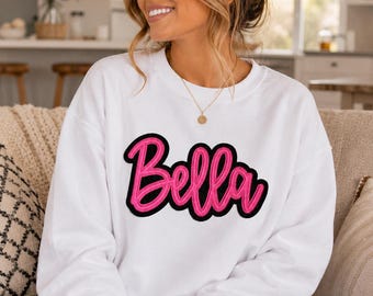 Custom Applique - BELLA - double Glitter Name Embroidered Crewneck Sweatshirt, Girl gift - MEDIUM