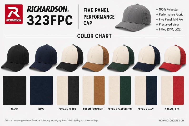 Op de afbeelding: Afbeelding van een Richardson 323FPC vijf-paneel performance cap. De kleurenkaart toont verschillende kleurencombinaties, waaronder zwart, marine, cr&egrave;me/zwart, cr&egrave;me/karamel, cr&egrave;me/donkergroen, cr&egrave;me/marine en cr&egrave;me/rood. De caps zijn gemaakt van 100% polyester.