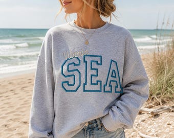 Embroidered Vitamin Sea Sweatshirt - sunshine - Varsity Outline- salt air - salty hair-beach chair- sandy toes - summer vacation- seaside