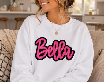 Custom Embroidered Crewneck Sweatshirt Applique - BELLA - double Glitter Name , Girl gift -Birthday teen - Sparkly  - Cheer Team top