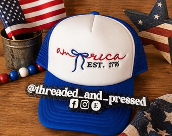 America cap - minimal-  bow - coquette - embroidered hat - simple- 4th of July- USA - American - feminine
