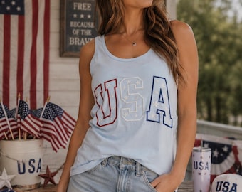 Embroidered USA outline - Tank - America - 4th of July - Memorial Day - Red White & Blue - BBQ - Backyard party - Veterans Day - Service -