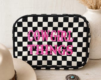 Embroidered Cowgirl Things - checkered pouch - makeup - jewelry - case - teen - mom - daughter - gift- rodeo girl - Girly western pouch -