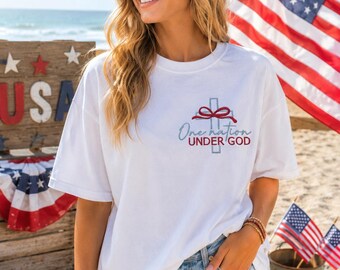 NEW - Embroidered - One Nation Under God Tshirt - Bow - Chest - America - USA
