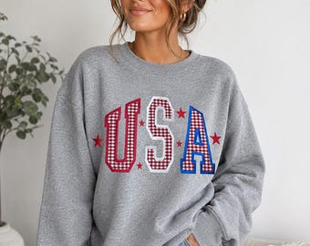 Embroidered USA red gigham top - America - 4th of July - Memorial Day - Red White & Blue - BBQ - Backyard party - Veterans Day -