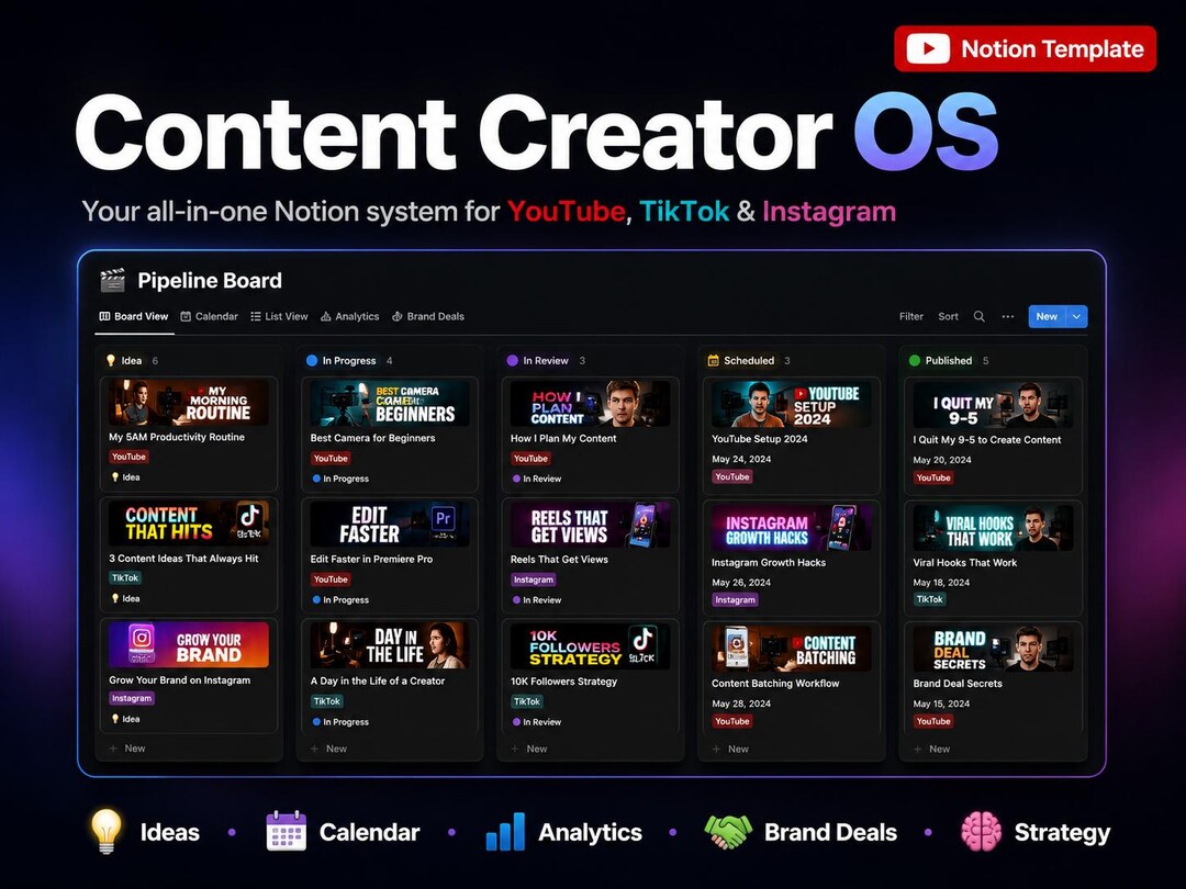 Content Creator OS Notion Template | Youtube Tiktok Instagram Planner ...