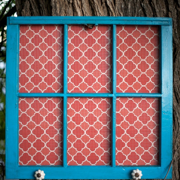 Blue six pane window frame with red and white medallion fabric jewelry holder-27 in x 28 in