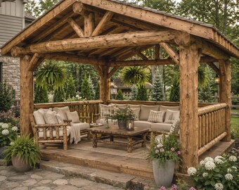 Cenador rústico de troncos hecho a mano, pabellón de jardín estilo cabaña de madera personalizado