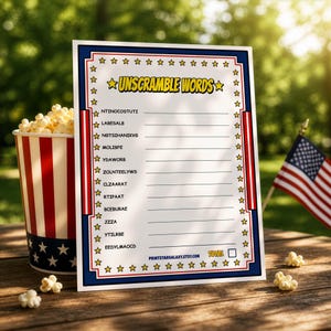 Utskrivbart spel för att avkoda ord till 4 juli — 12 amerikanska ord, avkoda ordförrådet, facit ingår