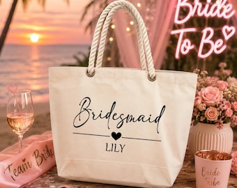 Personalized Bridesmaid Tote Bag, Custom Canvas Name Bag, Bridal Party Gift, Maid of Honor Favor, Wedding Bachelorette Tote