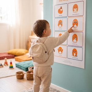 Può includere: Un bambino con uno zaino e un maglione beige indica un poster con illustrazioni e la scritta "When I have big feelings, I can...". Il poster presenta personaggi dei cartoni animati arancioni che dimostrano strategie di coping. La stanza ha un tappeto, cesti e cuscini colorati.