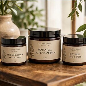 May include: Three glass jars with black lids and cream-colored labels. The labels read "Morning Bloom Radiance Balm", "Botanical Acne Calm Balm", and "Reverie Night Balm". The jars are labeled with the brand "Sacred Grove Botanicals".