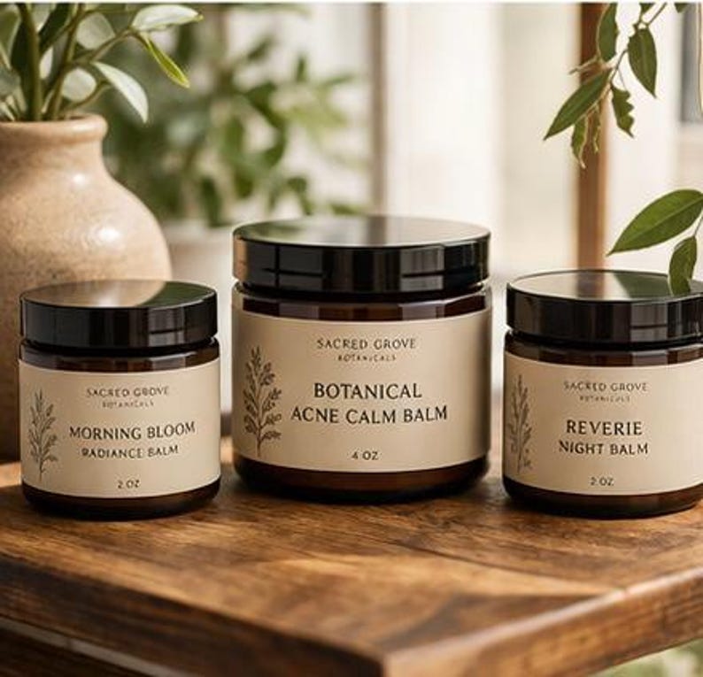 May include: Three glass jars with black lids and cream-colored labels. The labels read "Morning Bloom Radiance Balm", "Botanical Acne Calm Balm", and "Reverie Night Balm". The jars are labeled with the brand "Sacred Grove Botanicals".