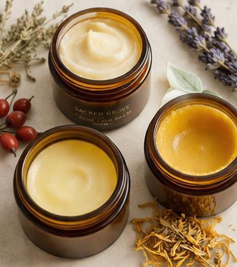 May include: Three open amber glass jars filled with creamy, light-colored balm. The jars are labeled "Sacred Grove" and "Acne Calm Balm." Dried herbs, rose hips, and lavender sprigs surround the jars, suggesting natural ingredients.