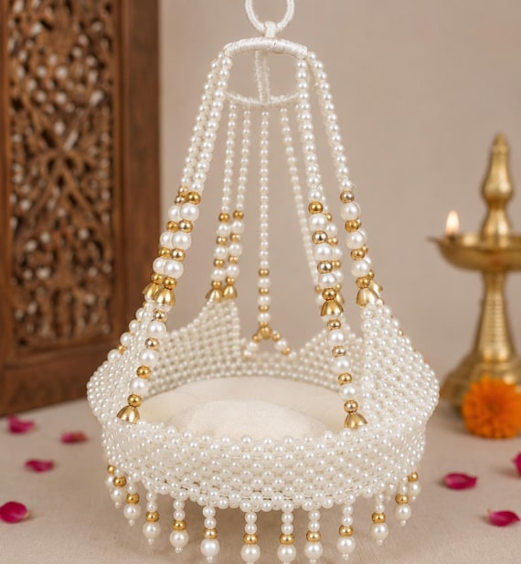 Handmade Pearl Beaded Laddu Gopal Jhula | Krishna Swing Cradle with Cushion | Janmashtami Decor | Bal Gopal Jhoola | Hindu Temple Decor