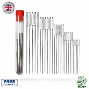 May include: A selection of silver sewing needles in different lengths, presented on a white backdrop. Some needles are stored in a clear plastic tube with a red lid. The image includes a "Free Delivery" graphic and an "ARIA GALAXY" logo.