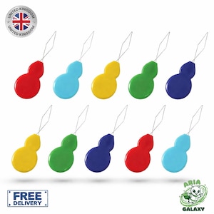 May include: A set of ten colourful plastic needle threaders arranged in two rows. Each threader features a gourd-shaped handle in red, light blue, yellow, green, or dark blue, attached to a thin, diamond-shaped wire loop for threading needles.