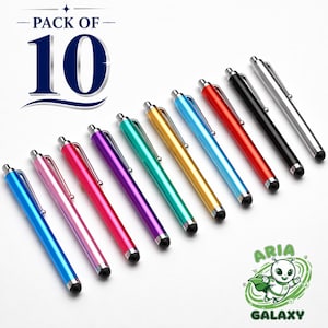 May include: A pack of 10 stylus pens in various metallic colours including blue, pink, red, purple, teal, gold, light blue, orange, black, and silver. Each pen features a silver clip and a black rubber tip. The text PACK OF 10 and ARIA GALAXY appear.