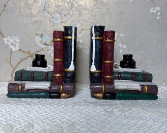 Vintage Stacked Books Inkwell Bookends Dark Academia Scholar Library Decor Heavy Resin Pair