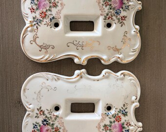 Vintage Porzellan Doppel Lichtschalter Abdeckungen - 2er-Set, handbemalte Blumen & Gold vergoldete Keramik Wandteller