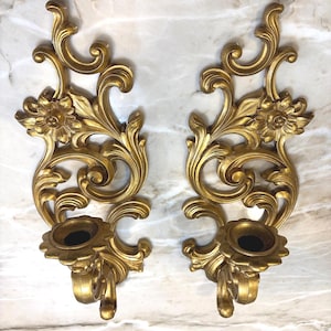 Vintage Syroco Gold Wall Candle Sconces Pair Hollywood Regency Floral Scroll