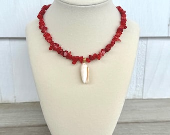 Mauritius - Red Quartzite Beaded Olive Shell Pendant Necklace