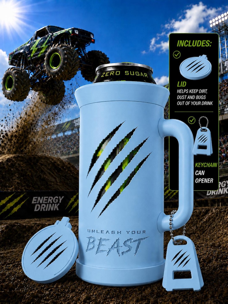 Puede incluir: Un enfriador de latas aislado de color azul claro con asa, que presenta un dise&ntilde;o de marcas de garras, el texto "UNLEASH YOUR BEAST", una tapa circular a juego y un abridor de latas tipo llavero con forma de garra. Se ve la parte superior de una lata negra.