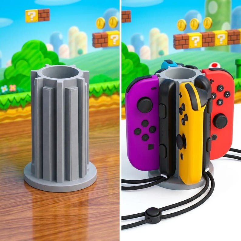 May include: A gray, cylindrical game controller stand with vertical grooves. The stand holds purple, yellow, and red game controllers. The background features a video game scene with green hills, question mark blocks, and coins.
