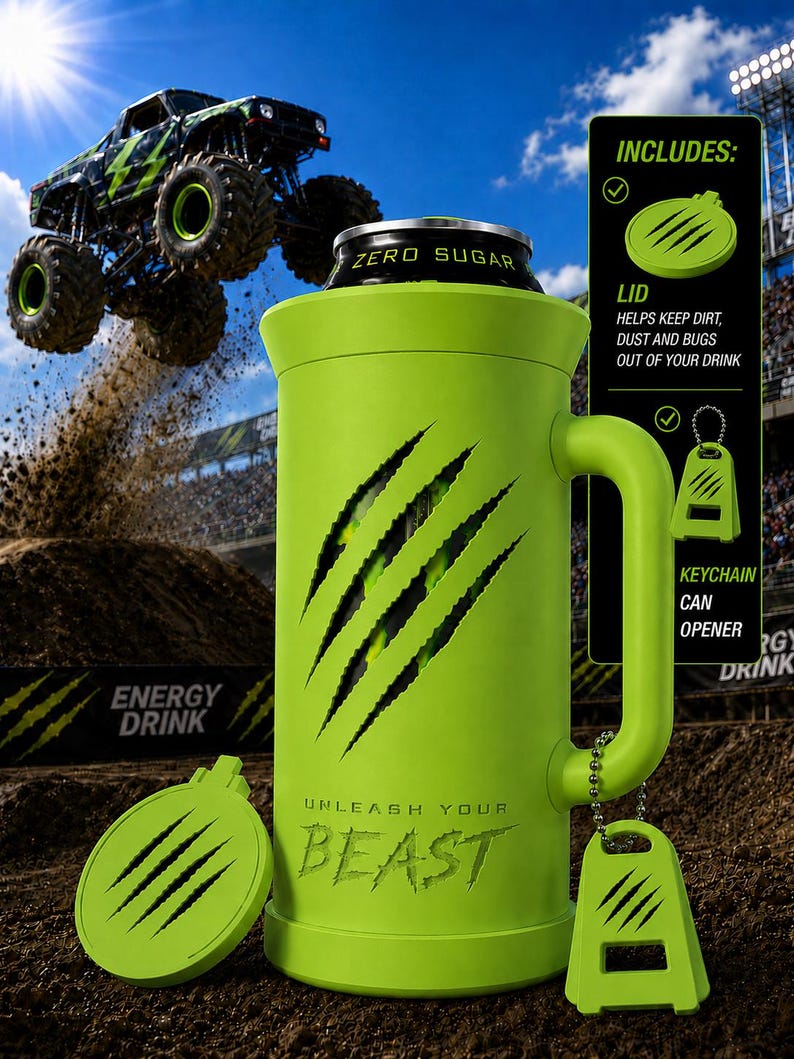 Puede incluir: Un enfriador de latas verde lima con asa, que presenta tres marcas de garras negras y el texto UNLEASH YOUR BEAST. Incluye una tapa circular a juego y un abrelatas de llavero con garras, mostrado con una lata negra de cero az&uacute;car dentro.