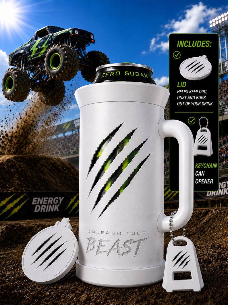 Puede incluir: Un enfriador de latas cil&iacute;ndrico blanco con asa, que presenta un gr&aacute;fico de marcas de garras negras que revelan verde debajo y el texto UNLEASH YOUR BEAST. Incluye una tapa circular blanca a juego y un llavero abrelatas con marcas de garras.