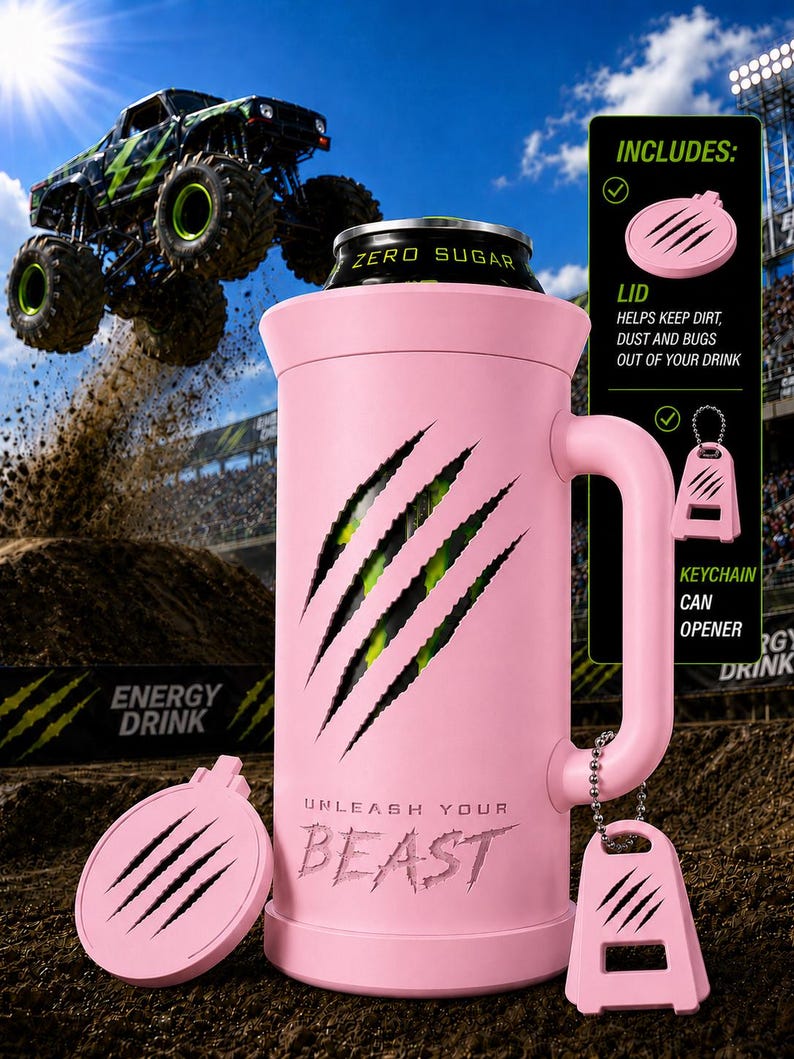 Puede incluir: Un soporte para latas de color rosa claro con asa, que presenta un recorte de marcas de garras que revela una lata verde y negra en el interior. El texto UNLEASH YOUR BEAST est&aacute; impreso en el frente. Incluye una tapa rosa y un llavero abrelatas.