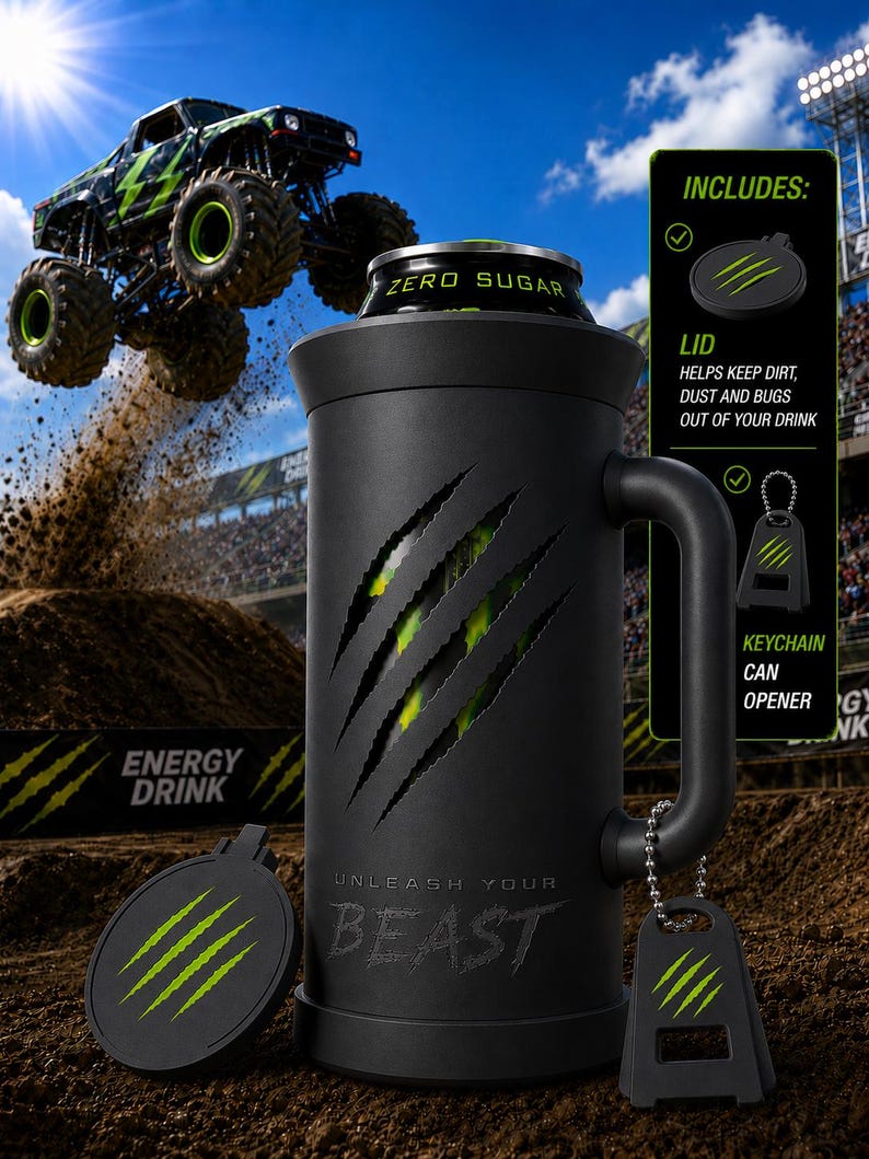 Puede incluir: Un enfriador de latas aislado en negro mate con asa, que presenta tres marcas de garras diagonales que revelan un interior verde. El texto dice "UNLEASH YOUR BEAST" y "ZERO SUGAR". Incluye una tapa circular y un llavero abridor de latas.