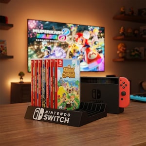 May include: A black Nintendo Switch console and a game cartridge holder with the Nintendo Switch logo. The holder contains several game cases, including "Animal Crossing." A television screen displays a "Mario Kart 8 Deluxe" game.