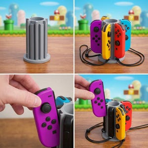 May include: A gray plastic game controller holder with slots for multiple controllers. The holder is shown with purple, yellow, red, and blue controllers. The controllers are connected to the holder with black cords. The background is a video game scene.