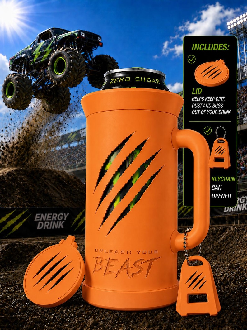 Puede incluir: Un enfriador de latas naranja aislado con asa, con un corte de marca de garra que revela una lata de bebida energ&eacute;tica verde y negra. El texto UNLEASH YOUR BEAST est&aacute; impreso en el frente. Incluye una tapa a juego y un llavero abrelatas.