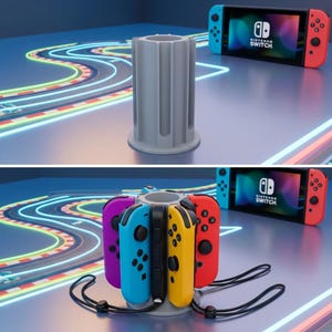 May include: A gray plastic controller holder for a Nintendo Switch. The holder is cylindrical with vertical slots and holds multiple colored controllers. A Nintendo Switch console is visible in the background.