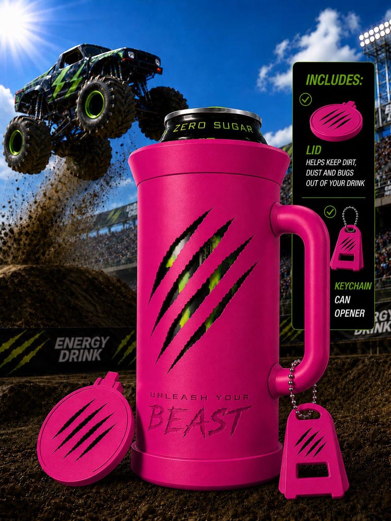 Puede incluir: Un enfriador de latas aislado de color rosa brillante con asa, que presenta un recorte en forma de marcas de garras que revela una lata de bebida energ&eacute;tica verde y negra. El texto UNLEASH YOUR BEAST est&aacute; grabado. Incluye tapa rosa y un llavero abrelatas.