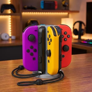 May include: A gray charging stand holding four colorful game controllers: purple, black, yellow, and red. The controllers are connected to the stand with black wrist straps. The stand is on a wooden surface.