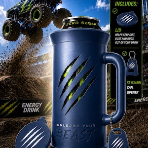 Puede incluir: Un soporte para bebidas aislado de color azul oscuro con asa, que presenta tres cortes diagonales de marcas de garras que revelan un interior verde. El texto UNLEASH YOUR BEAST est&aacute; grabado en el frente. Incluye una tapa circular y un llavero.