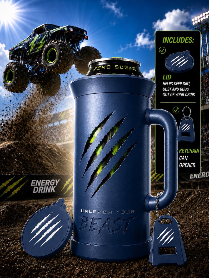 Puede incluir: Un soporte para bebidas aislado de color azul oscuro con asa, que presenta tres cortes diagonales de marcas de garras que revelan un interior verde. El texto UNLEASH YOUR BEAST est&aacute; grabado en el frente. Incluye una tapa circular y un llavero.