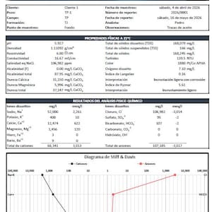 May include: A detailed water analysis report from TEX | Studio Digital, featuring tables of physical properties, chemical results, and a Stiff & Davis diagram. Includes measurements in mg/L and ppm.