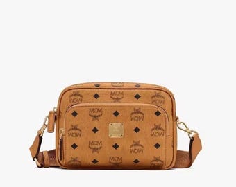 MCM Cognac Visetos Umhängetasche Klein | Designer Schultertasche aus Leder