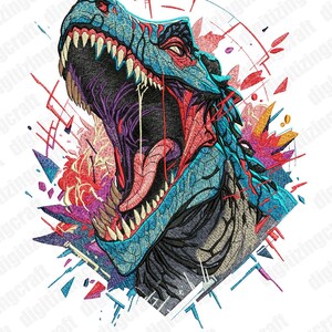 May include: An embroidery design featuring a roaring Tyrannosaurus Rex head in shades of blue, red, and purple. The design includes sharp teeth, a visible tongue, and abstract geometric shapes. Text includes DIGITIZINGCRAFT.COM, TREX, and FORMAT: PES, DST, VP3, JEF.